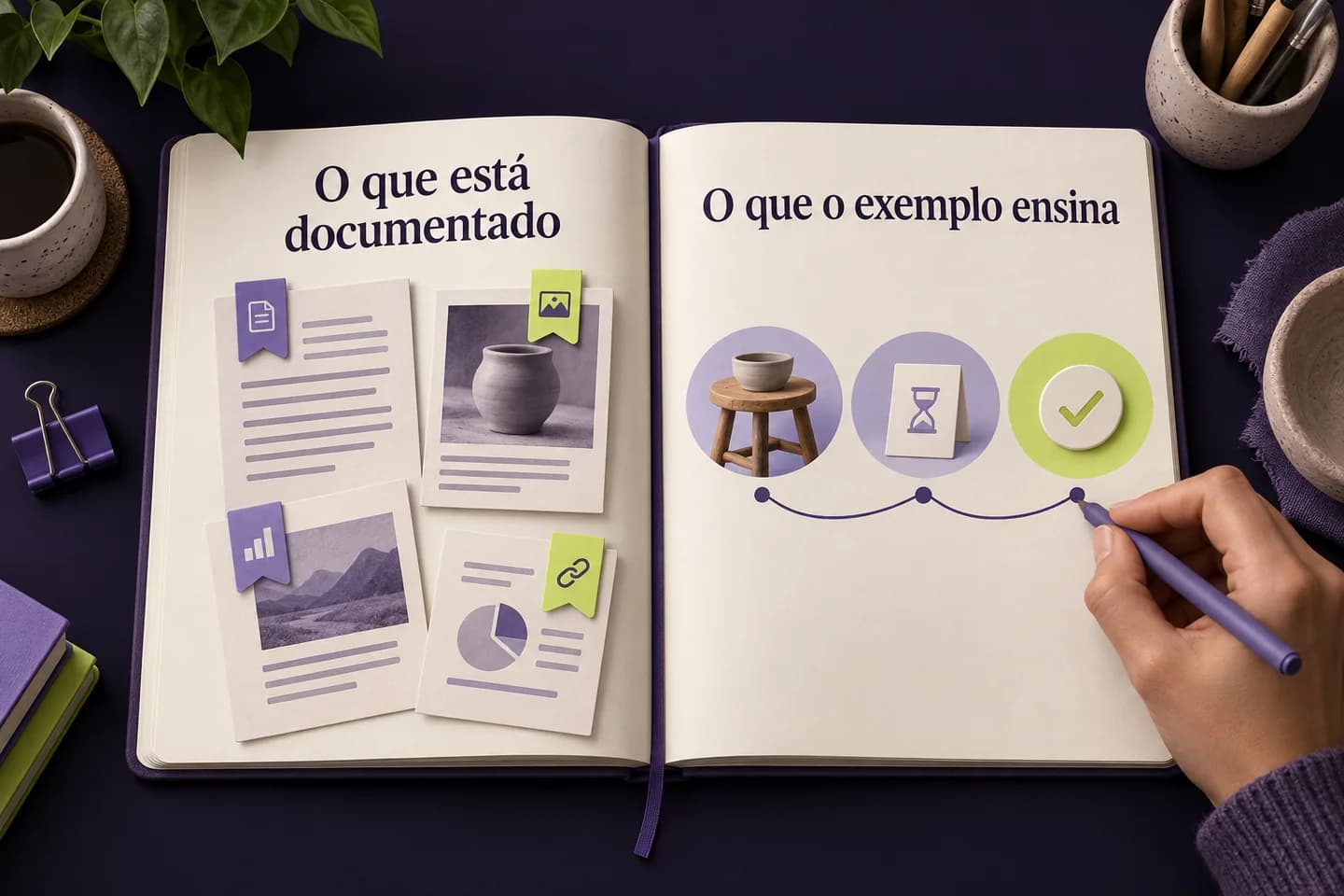 Ilustração gerada por IA que separa o material documentado da explicação desenvolvida através de um exemplo próprio.