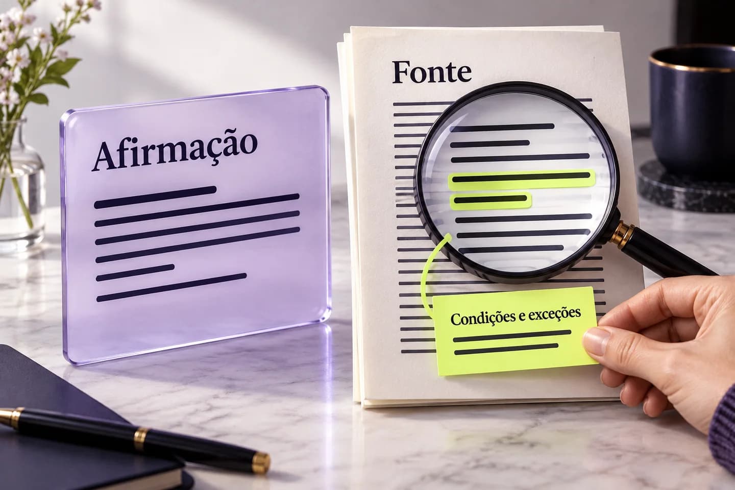 Ilustração gerada por IA sobre a conferência de uma afirmação na fonte, preservando condições e exceções.