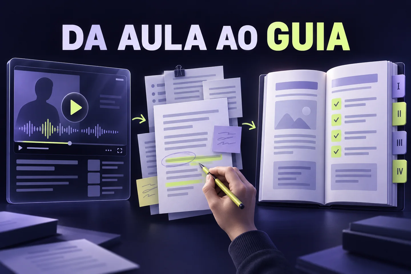 Ilustração gerada por IA: uma aula em vídeo passa por revisão de texto e organização num guia prático.