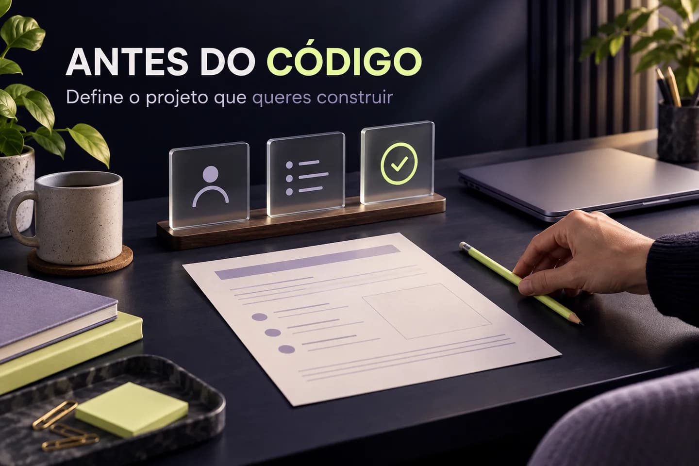 Antes do código: um briefing de projeto, um lápis e cartões que representam utilizador, tarefa e validação.