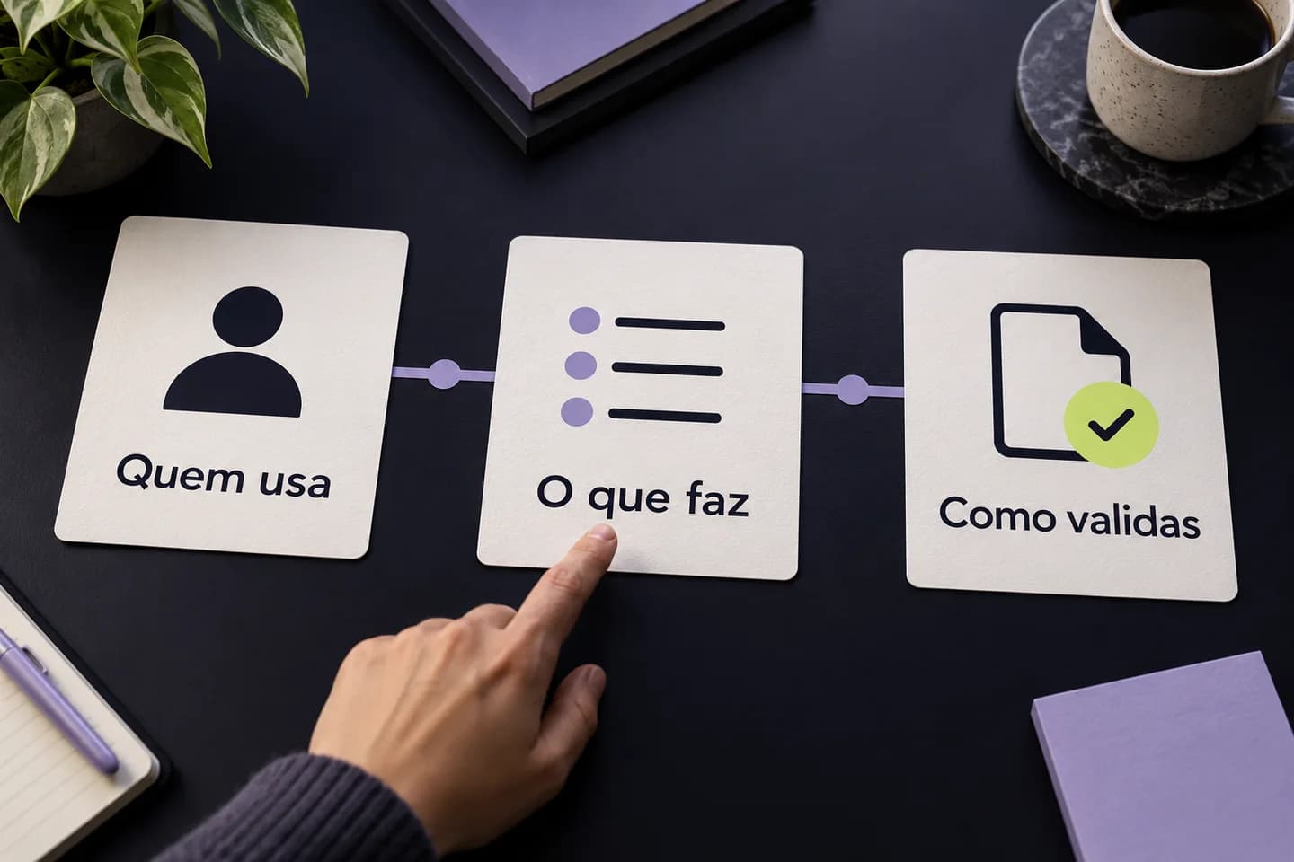 Três etapas para definir o percurso de uma aplicação: quem usa, o que faz e como validas o resultado.