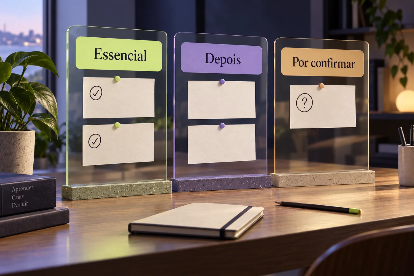 Prioridades de um projeto organizadas em três grupos: essencial, depois e por confirmar.
