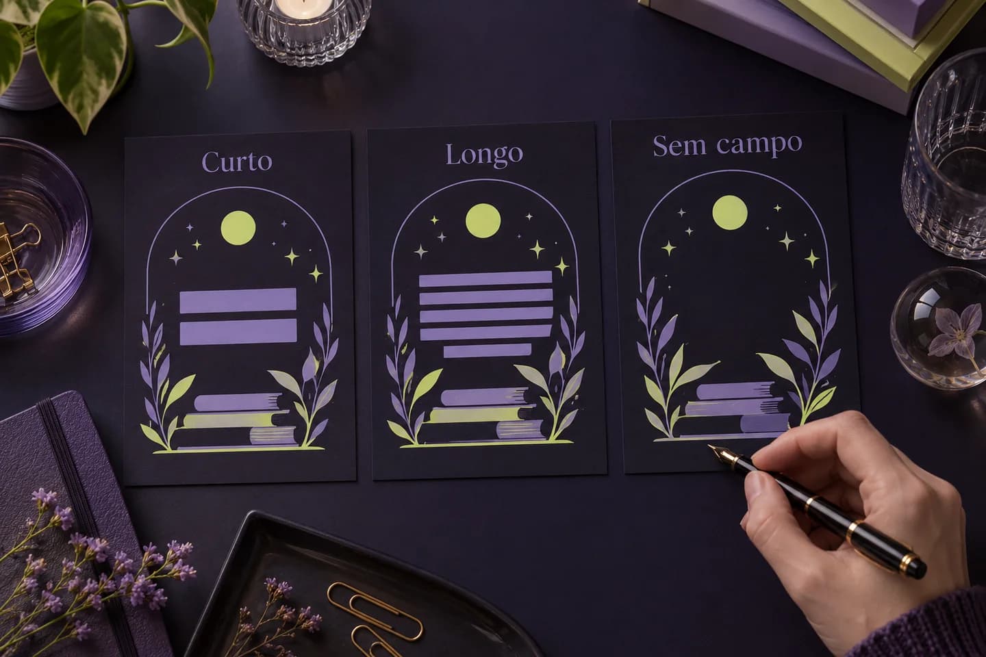 Ilustração gerada por IA com três provas de um modelo: texto curto, texto longo e um campo opcional ausente.