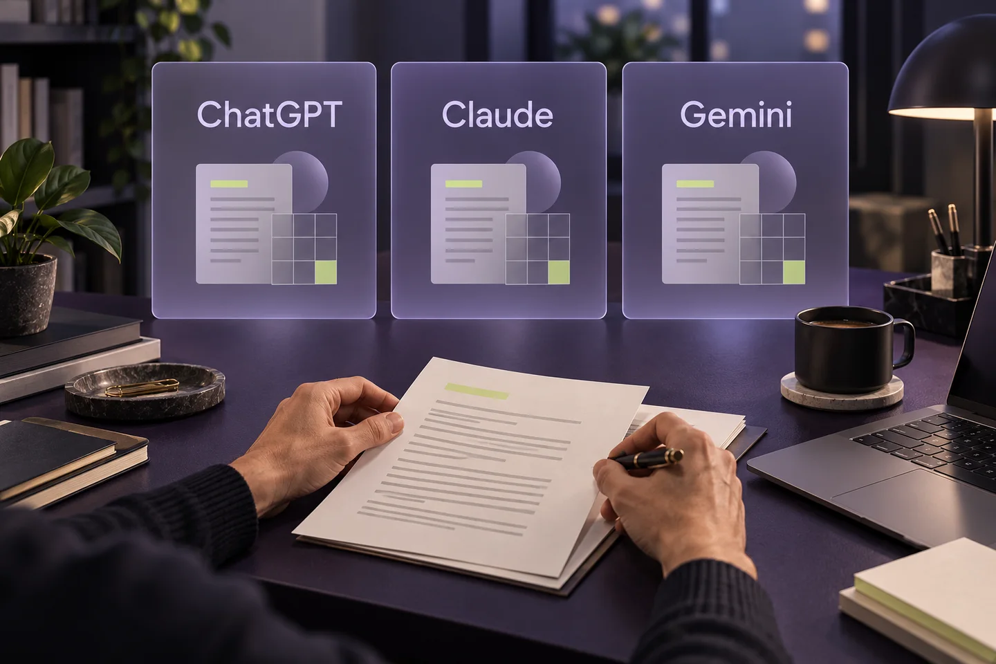 Ilustração gerada por IA: ChatGPT, Claude e Gemini comparados com igual destaque a partir de um briefing de trabalho.