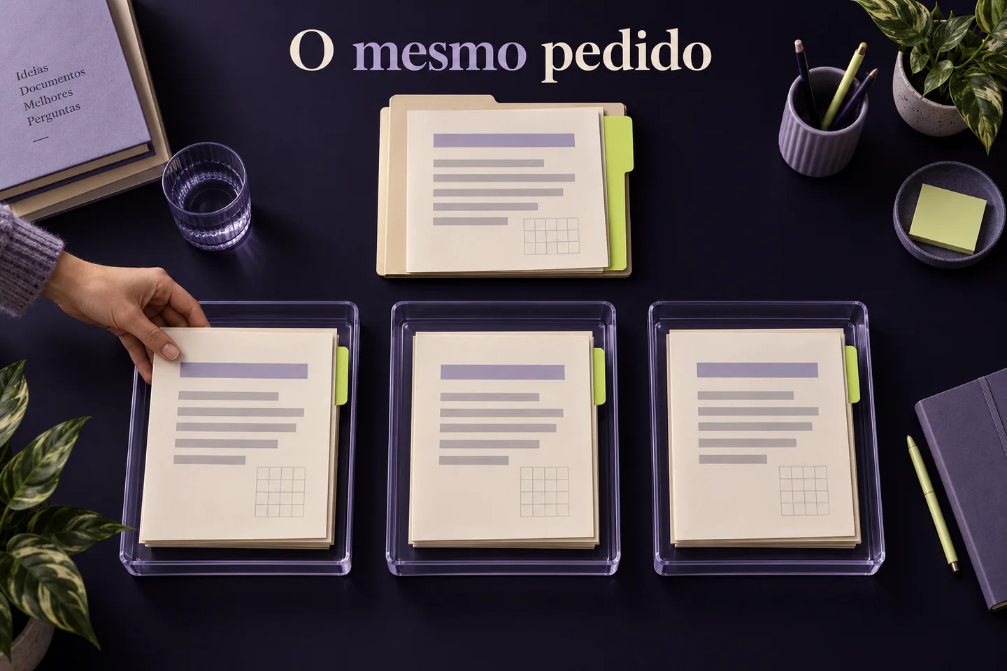 Ilustração gerada por IA: o mesmo pedido e os mesmos materiais preparados para comparar três ferramentas em condições equivalentes.