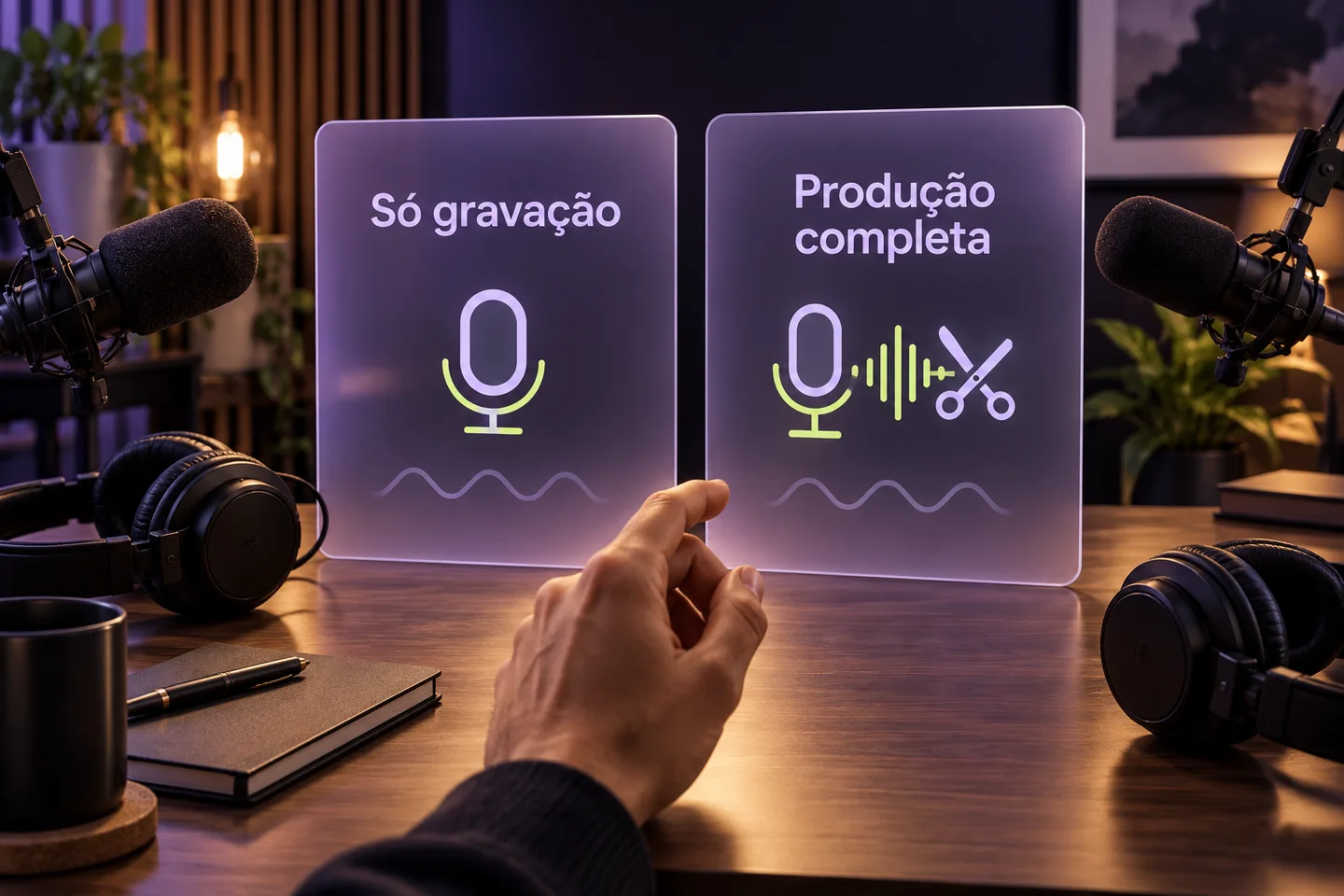 Ilustração gerada por IA: duas modalidades de um estúdio fictício, só gravação e produção completa, apresentadas sem classificações.