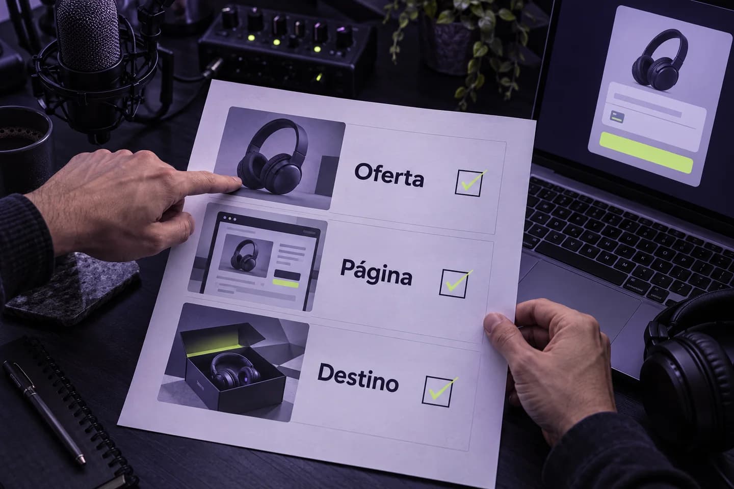 Ilustração gerada por IA sobre a conferência da coerência entre oferta, página e destino; representa um exemplo visual genérico.