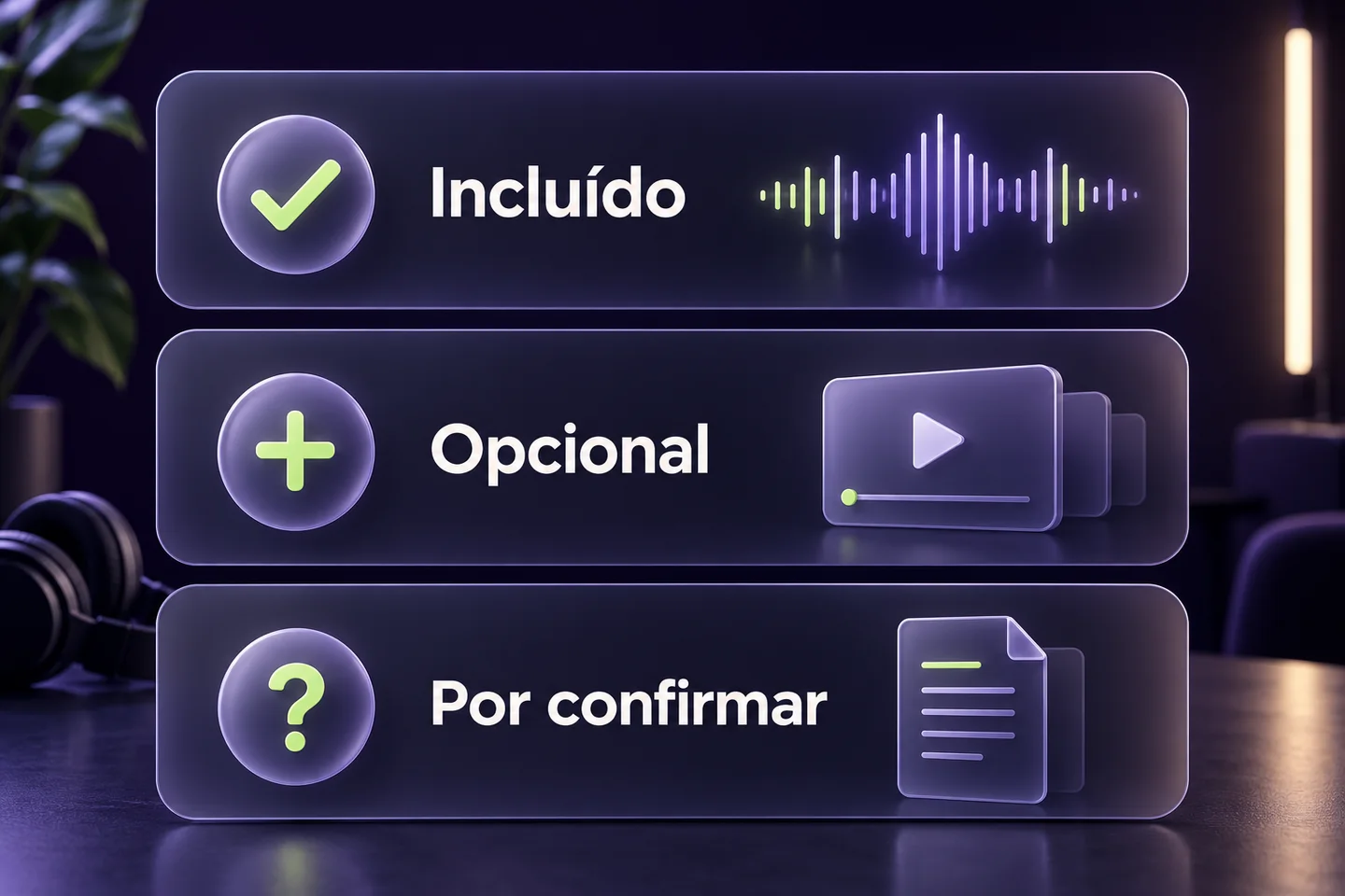 Ilustração gerada por IA que distingue elementos incluídos, opcionais e informação ainda por confirmar.