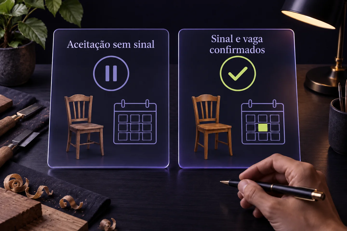Ilustração gerada por IA que compara uma aceitação sem sinal com um caso em que o sinal e a disponibilidade estão confirmados.