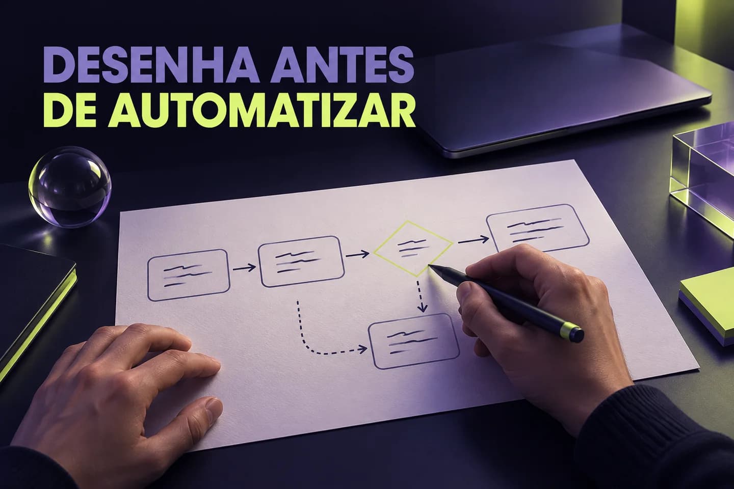 Ilustração gerada por IA: um workflow é desenhado no papel antes de ser implementado no computador.