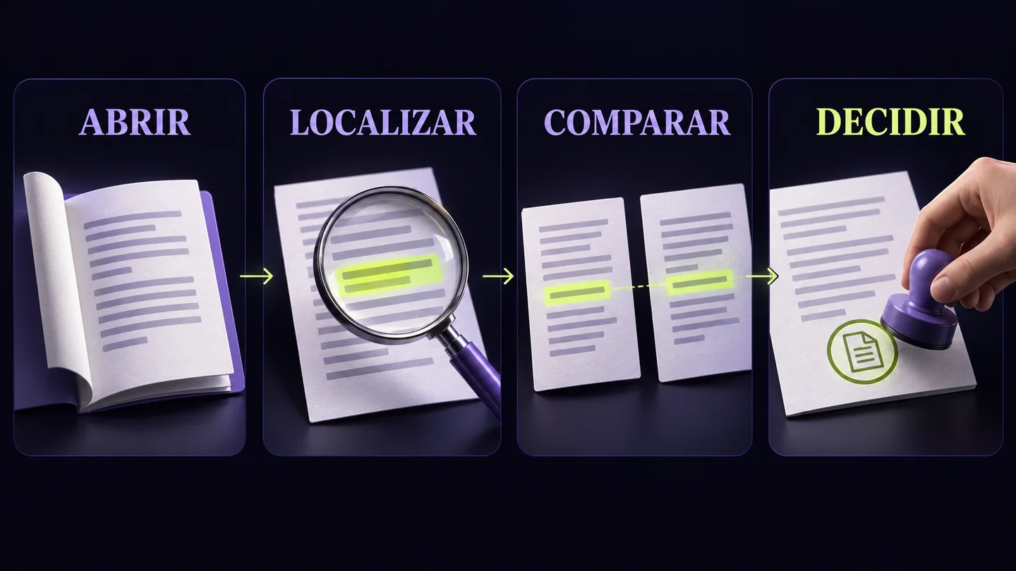 Quatro etapas da revisão: abrir a fonte, localizar a passagem, comparar a afirmação e decidir o que manter. Ilustração gerada com IA.