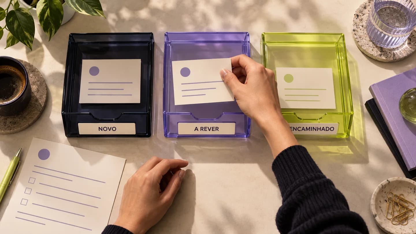 Mãos a organizar pedidos em tabuleiros com estados de trabalho. Ilustração gerada com IA.