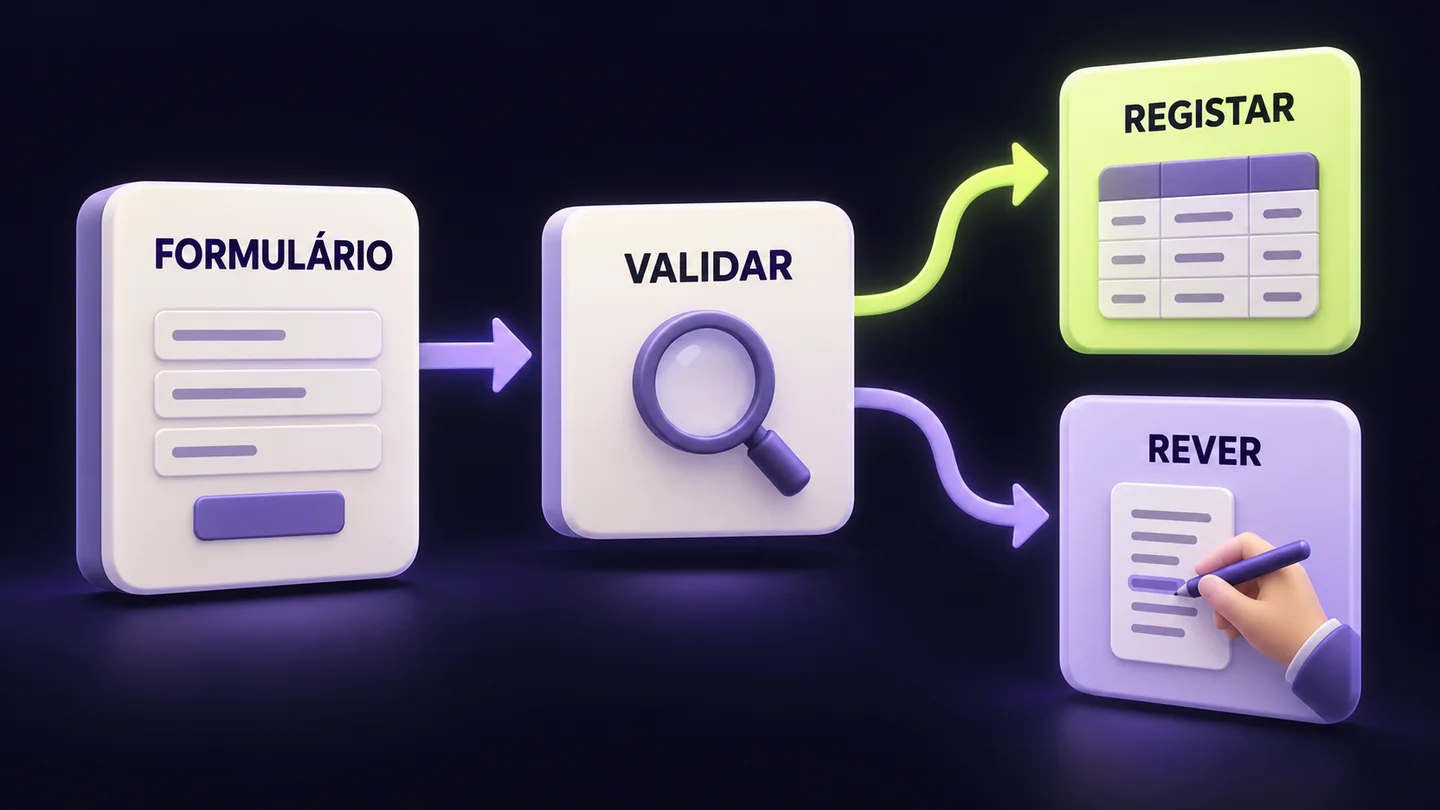 Formulário ligado a validação, com dois caminhos: registar o pedido ou enviá-lo para revisão. Ilustração gerada com IA.