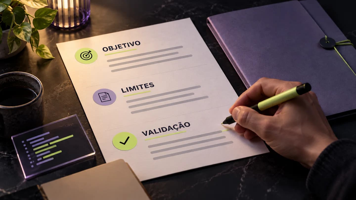 Mão a preparar instruções com objetivo, limites e validação. Ilustração gerada com IA.