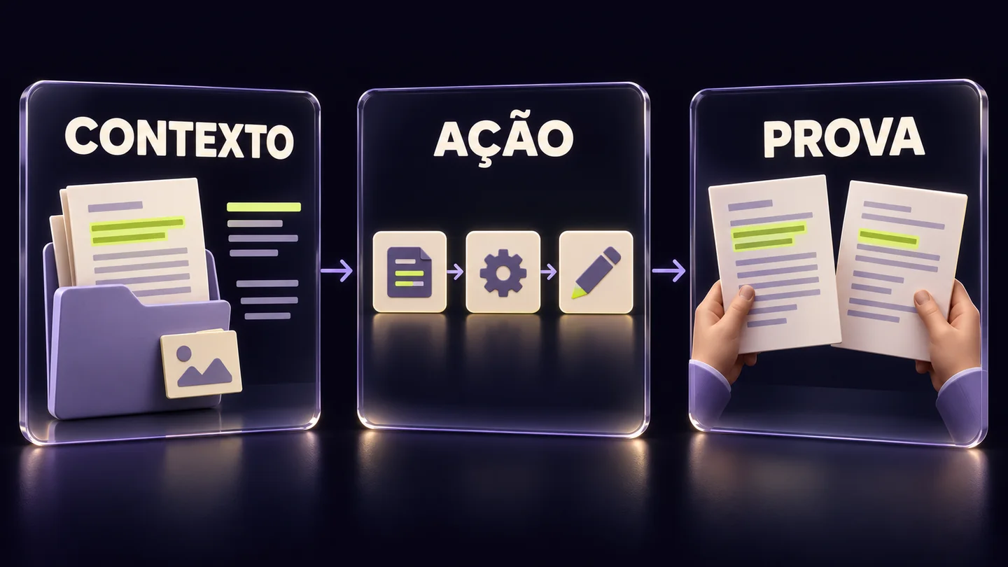 Três etapas das instruções de projeto: contexto disponível, ação delimitada e prova do resultado. Ilustração gerada com IA.