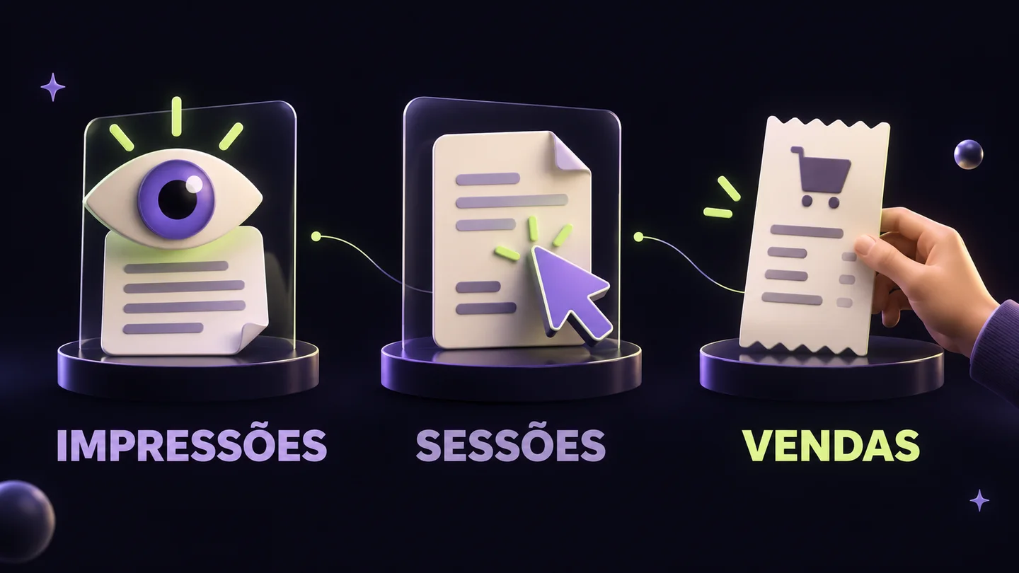 Impressões, sessões e vendas representadas como medidas distintas. Ilustração gerada com IA.