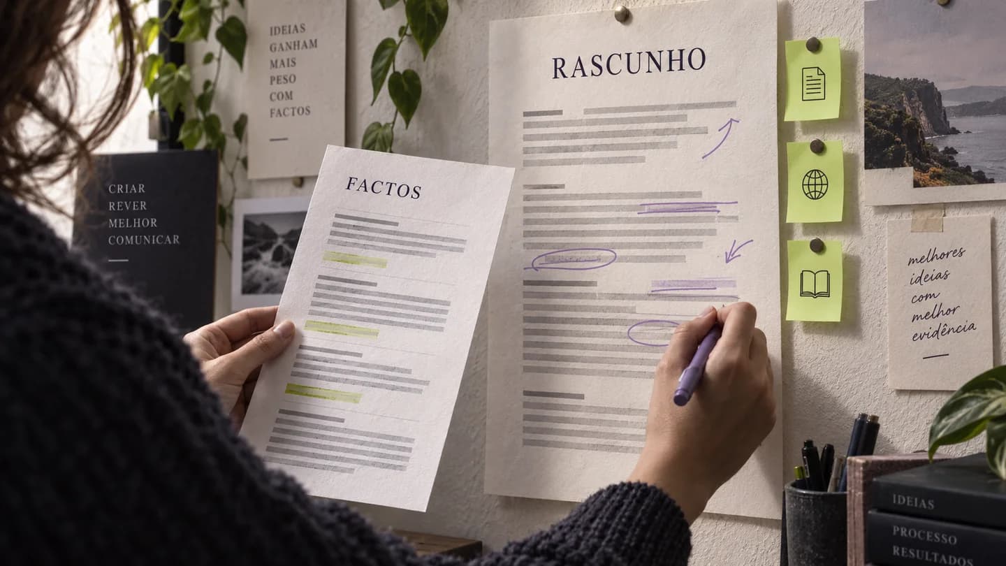 Pessoa a comparar um rascunho com uma folha de factos durante a revisão editorial. Ilustração gerada com IA.