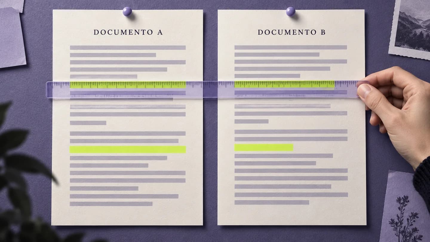 Dois documentos com passagens alinhadas por uma régua e destaques de comparação. Ilustração gerada com IA.