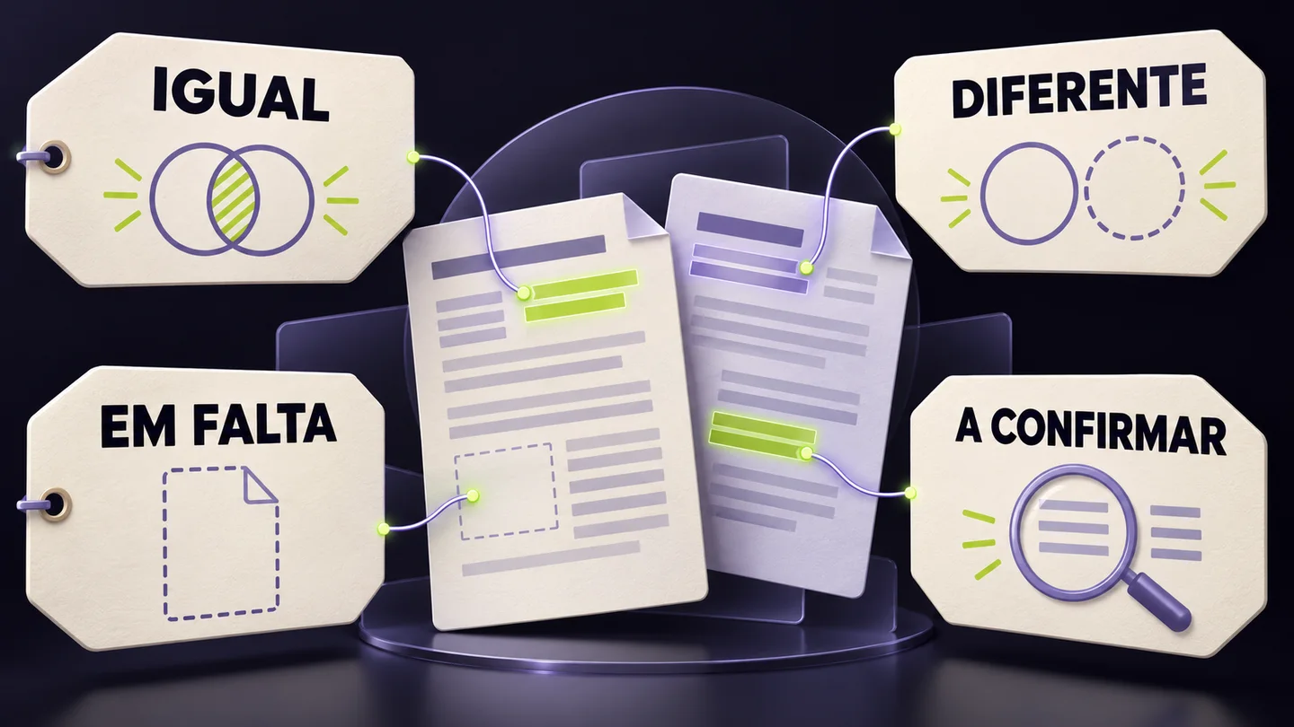 Documentos comparados com quatro estados: igual, diferente, em falta e a confirmar. Ilustração gerada com IA.