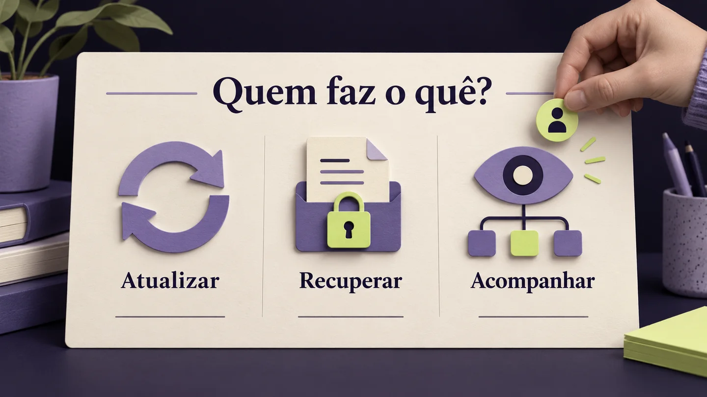 Cartão com as responsabilidades Atualizar, Recuperar e Acompanhar, cada uma com espaço para definir o responsável. Ilustração gerada com IA.