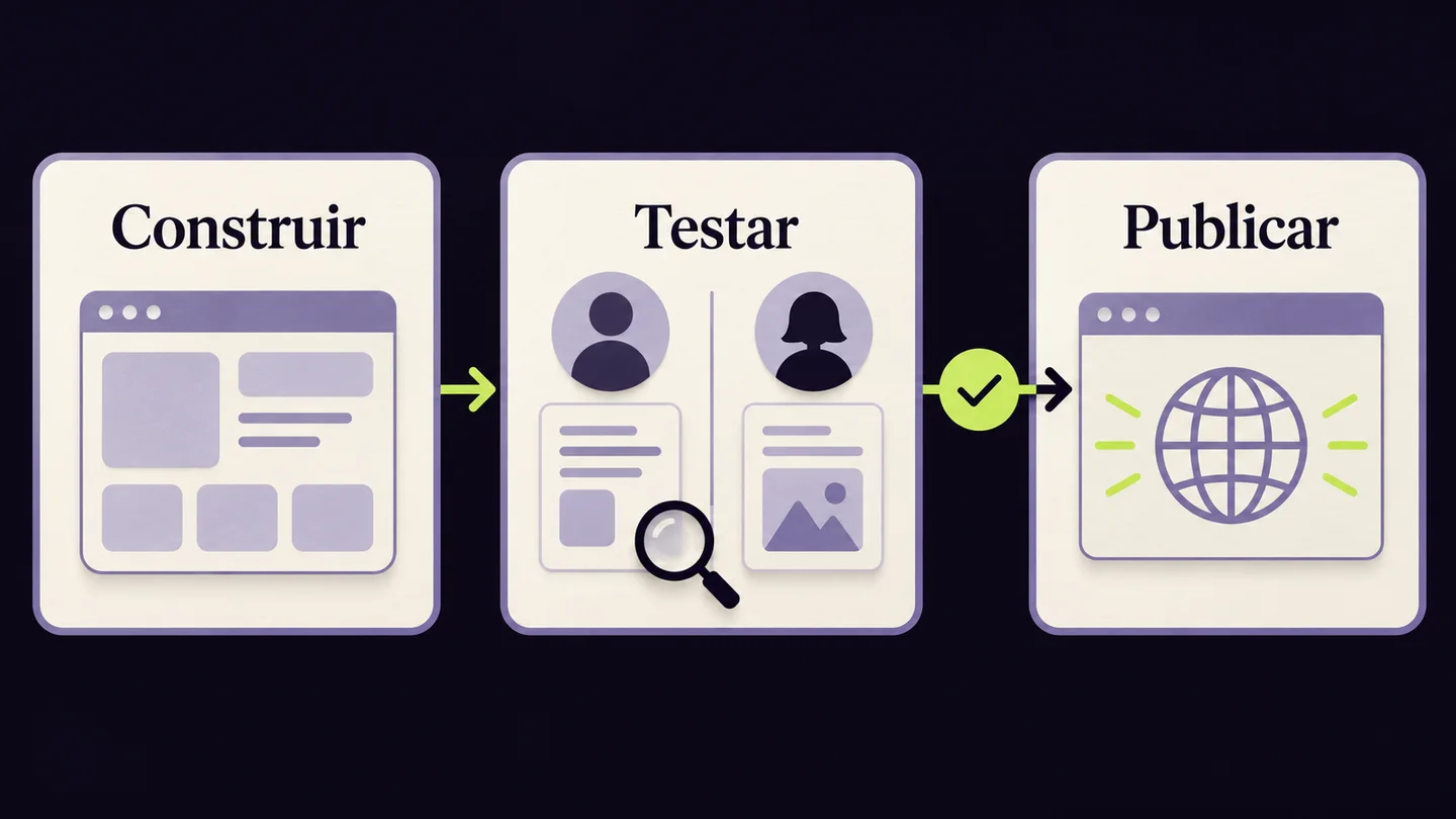 Três etapas ilustradas: Construir a aplicação, Testar com utilizadores distintos e Publicar depois da verificação. Imagem gerada com IA.