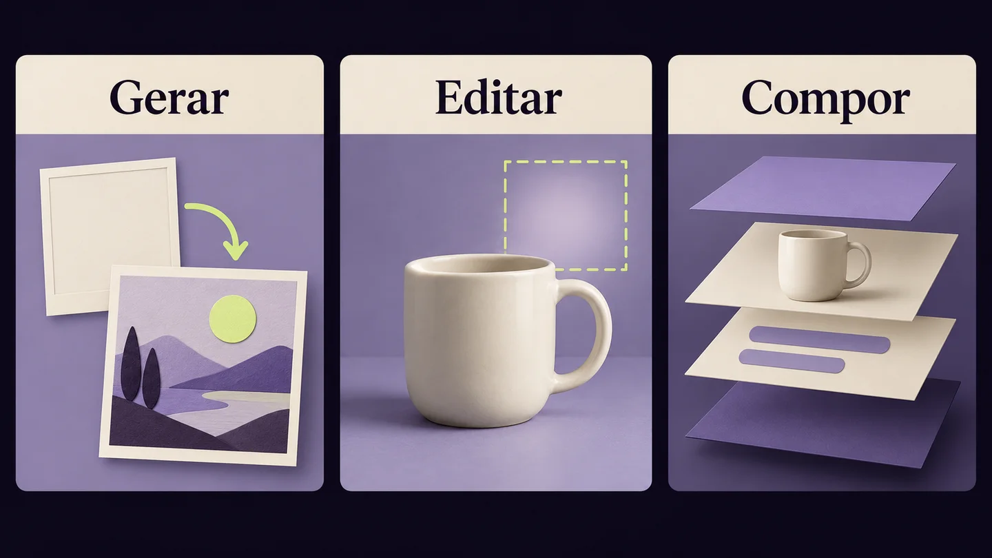 Três opções de trabalho ilustradas: gerar uma cena, editar uma zona e compor elementos em camadas. Imagem conceptual gerada com IA.