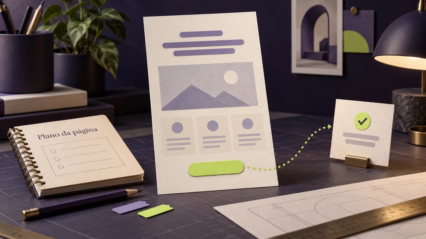 Esboço de landing page acompanhado por um caderno de planeamento e uma confirmação no fim do percurso. Ilustração gerada com IA.