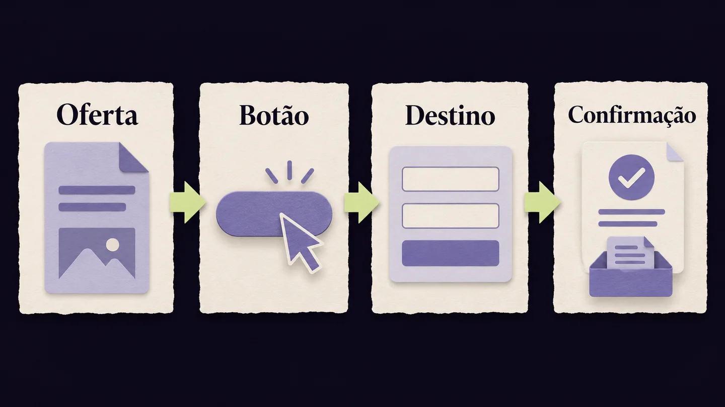 Percurso da landing page representado por Oferta, Botão, Destino e Confirmação. Ilustração conceptual gerada com IA.