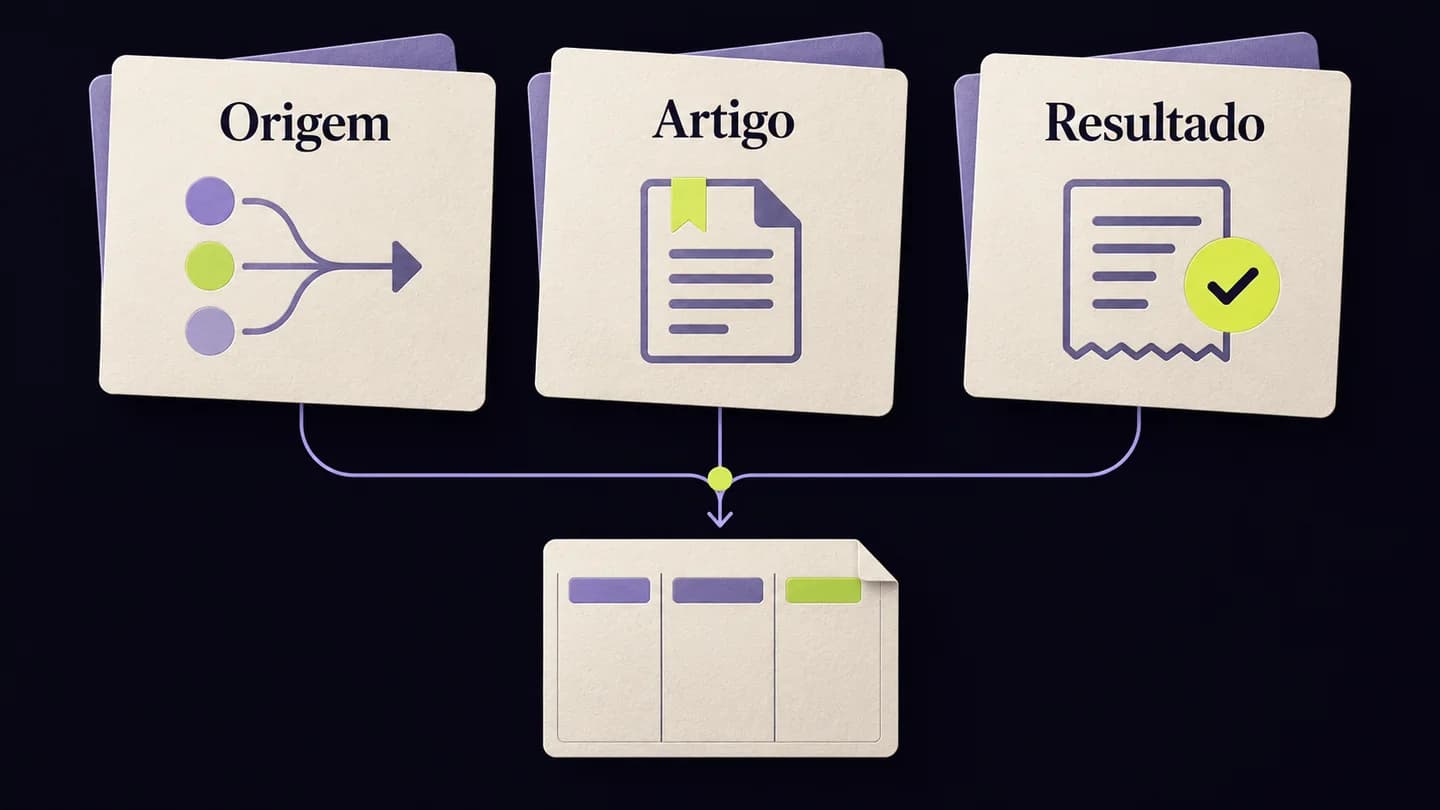 Origem da visita, artigo consultado e resultado confirmado representados como três conjuntos distintos de informação num relatório. Ilustração gerada com IA.