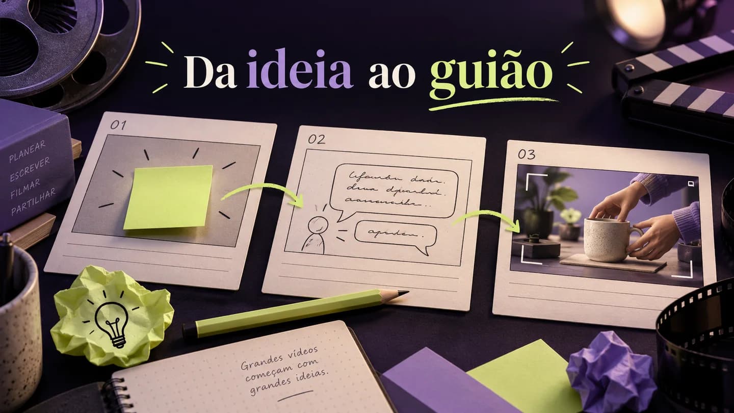 Três cenas de storyboard representam a passagem de uma ideia para a fala e uma demonstração em vídeo. Ilustração gerada com IA.