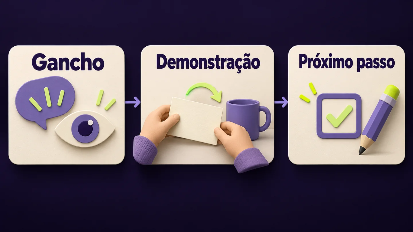 Três painéis mostram gancho, demonstração e próximo passo como partes de um guião de vídeo. Ilustração gerada com IA.