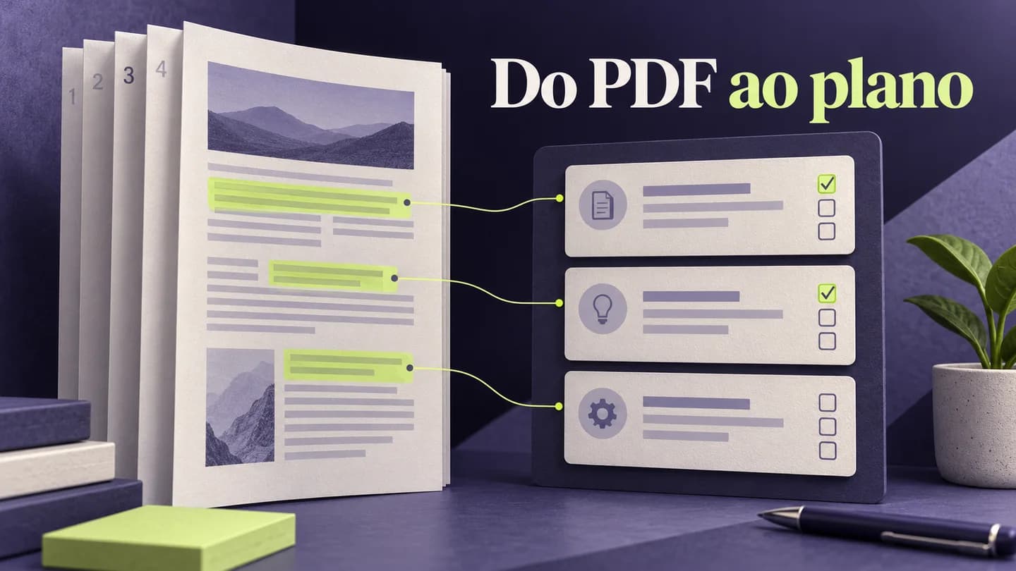 Passagens destacadas num documento ligam-se a cartões de um plano de trabalho. Ilustração conceptual gerada com IA.
