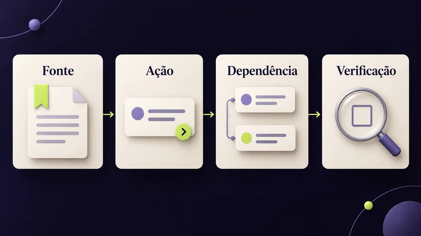 Sequência entre fonte, ação, dependência e verificação para construir um plano de trabalho a partir de um documento. Ilustração gerada com IA.