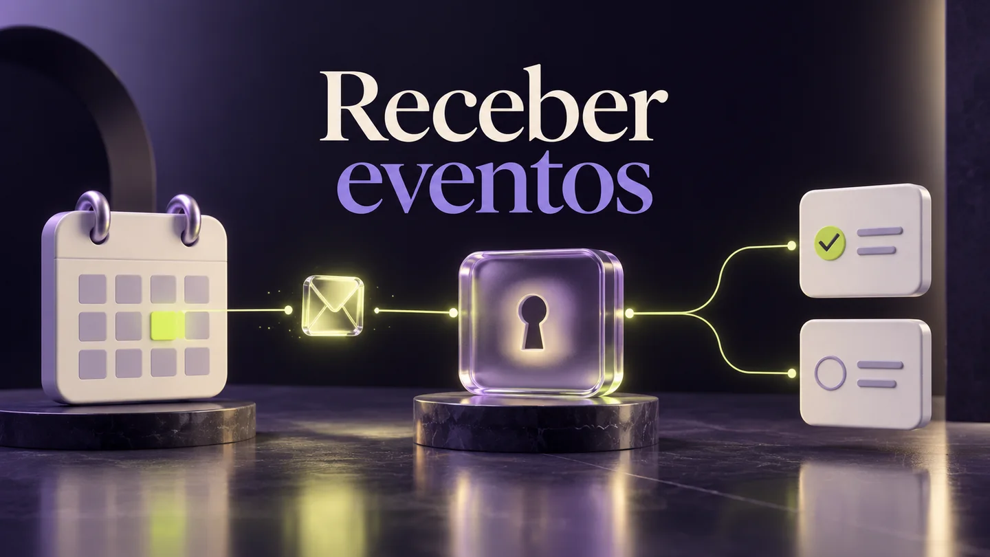 Um evento de calendário passa por um recetor protegido antes de iniciar tarefas num workflow. Ilustração conceptual gerada com IA.