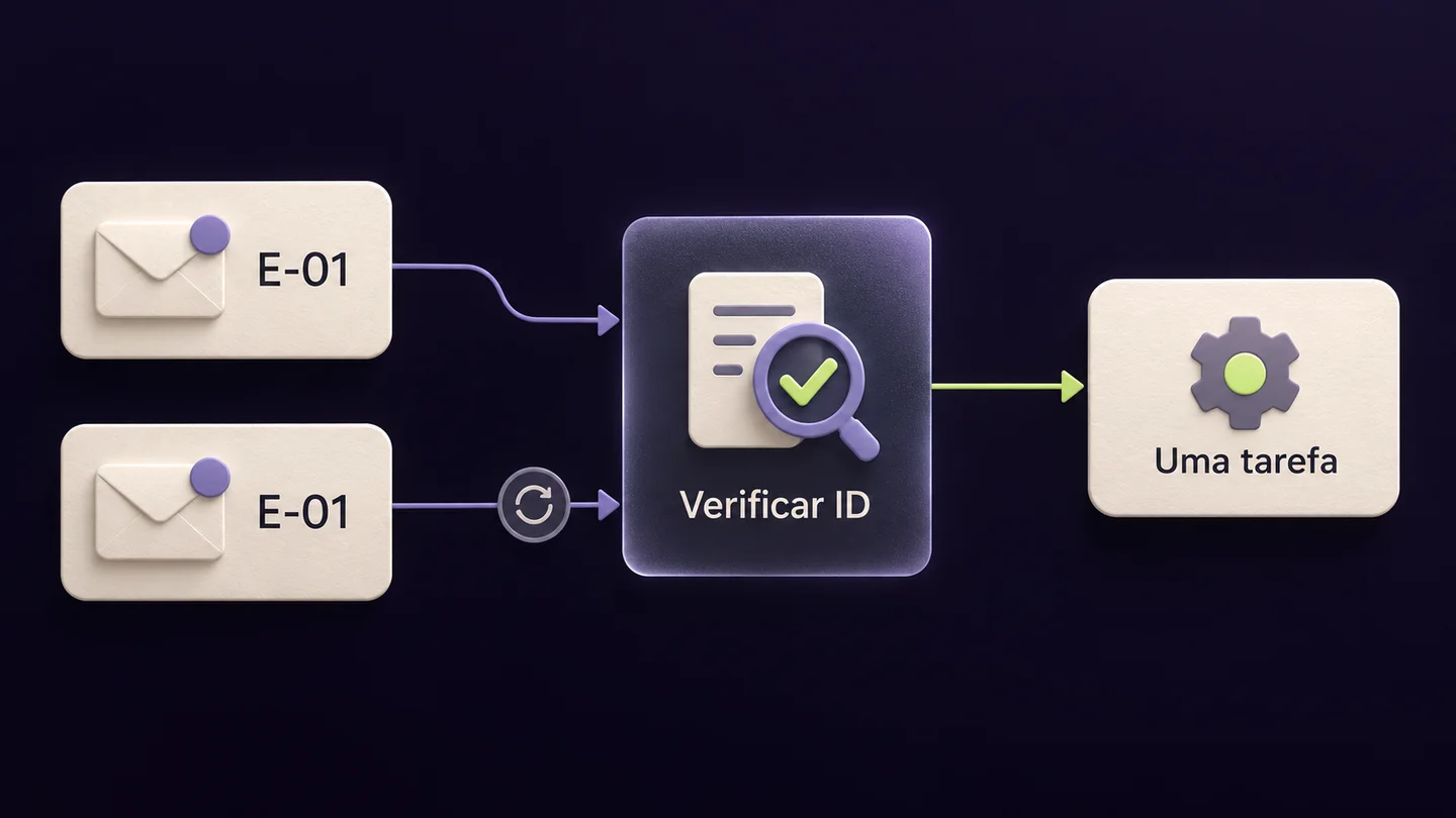 Dois eventos com o mesmo identificador passam por uma verificação antes de originarem uma única tarefa. Ilustração de uma regra a implementar, gerada com IA.