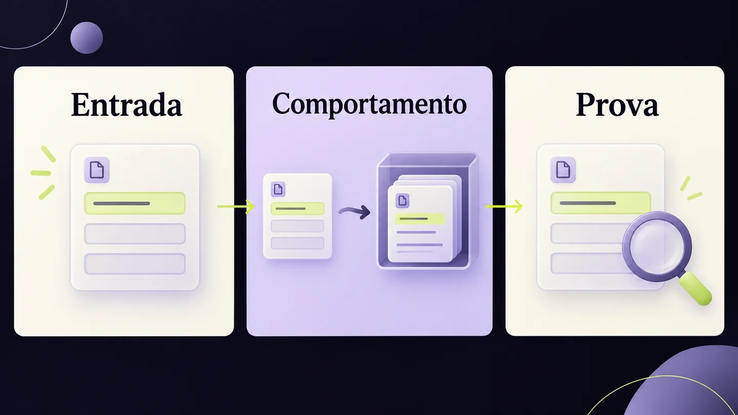 Uma tarefa é descrita pela entrada, pelo comportamento que deve produzir e pela prova usada para a verificar. Ilustração gerada com IA.