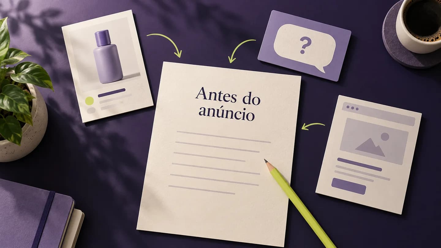 Informação de produto, pergunta do público e página de destino organizadas à volta de um briefing. Ilustração gerada com IA.