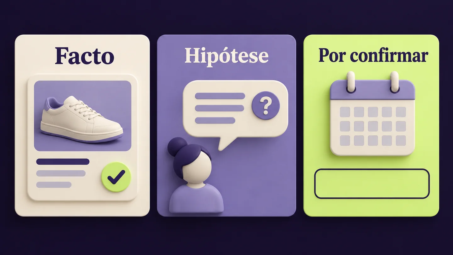 Facto, hipótese e informação por confirmar aparecem separados num briefing de anúncios. Ilustração conceptual gerada com IA.