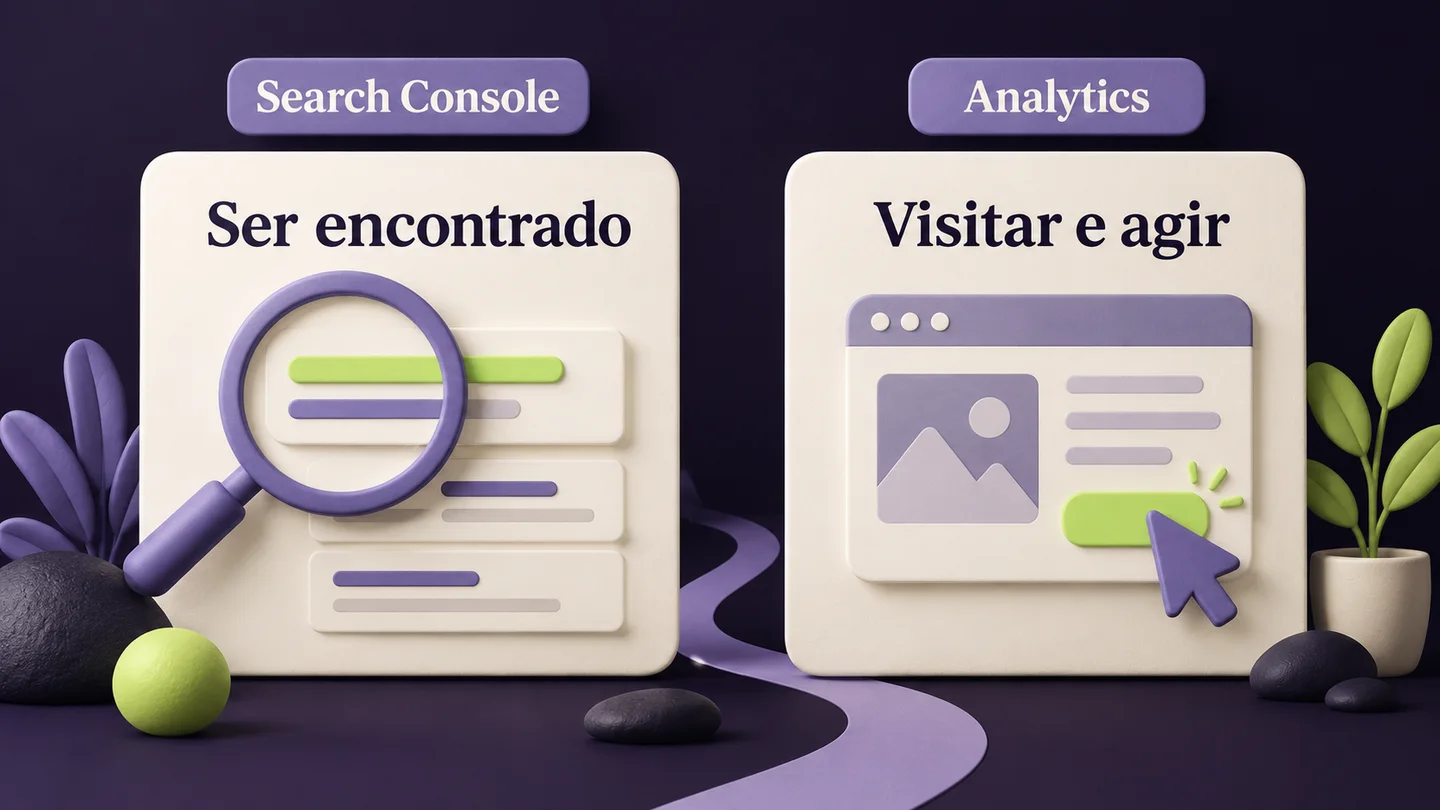 Search Console associado a ser encontrado e Analytics a visitar e agir. Ilustração conceptual gerada com IA.