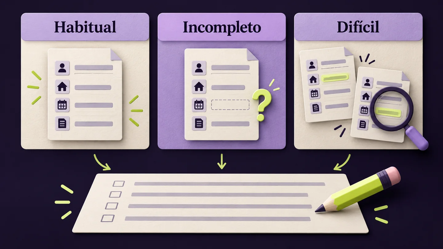 Três tipos de caso: habitual, incompleto e difícil, avaliados com uma folha comum. Ilustração gerada com IA.