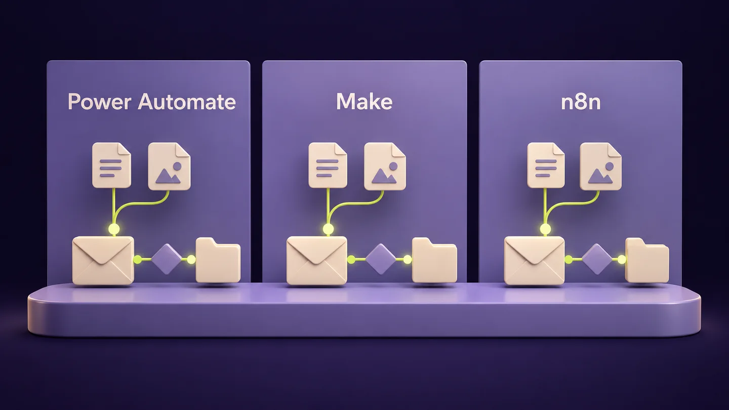 Power Automate, Make e n8n comparados com o mesmo percurso de email, condição e pasta. Ilustração gerada com IA.