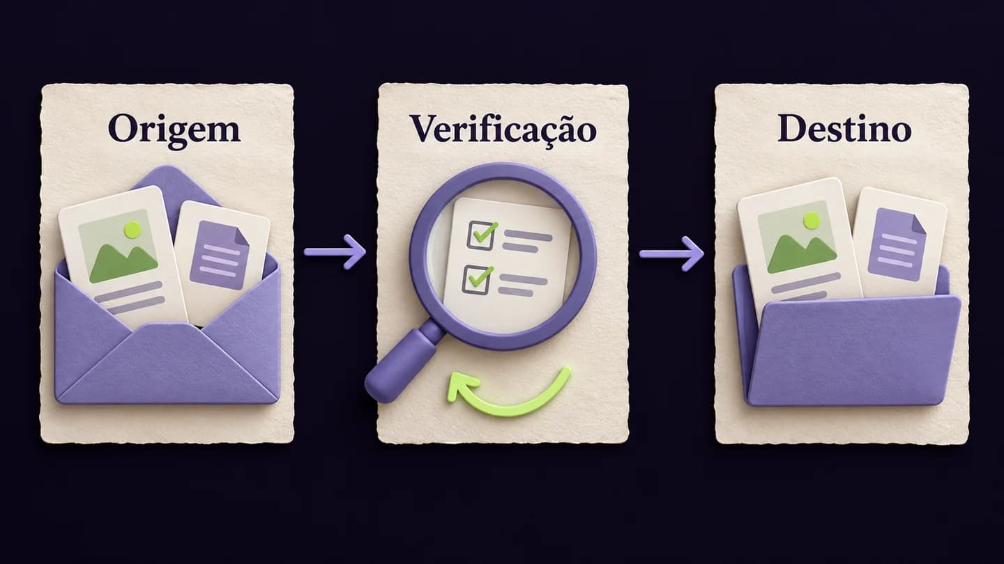 Origem, verificação e destino de dois anexos, com indicação de revisão da repetição. Ilustração gerada com IA.