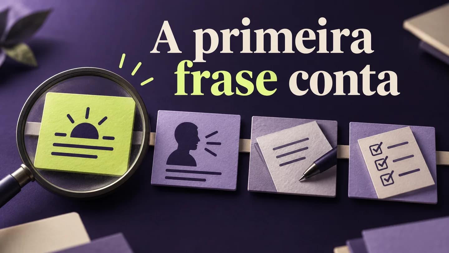 Primeiro cartão de uma sequência de vídeo destacado para rever a frase de abertura. Ilustração gerada com IA.