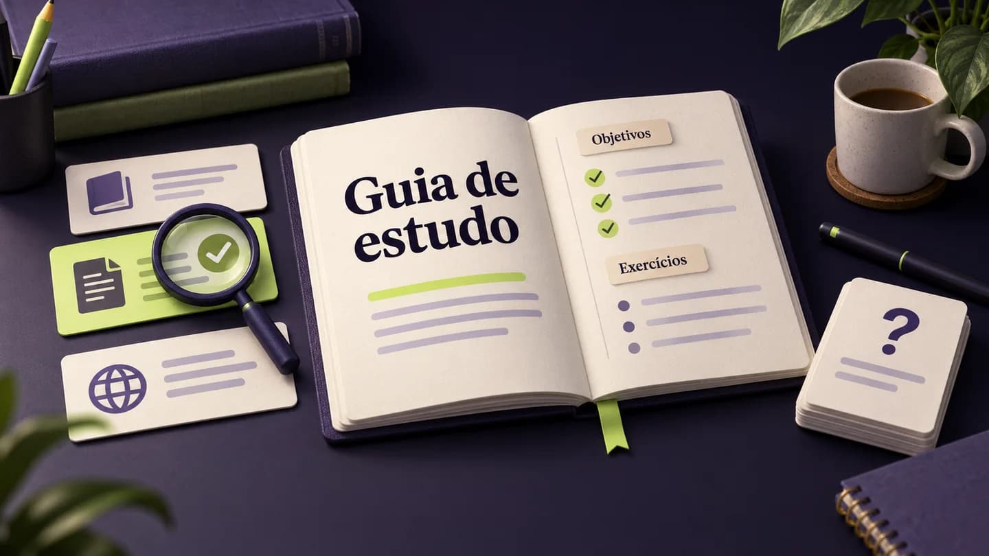 Guia de estudo com objetivos, exercícios e fontes a conferir. Ilustração gerada com IA.