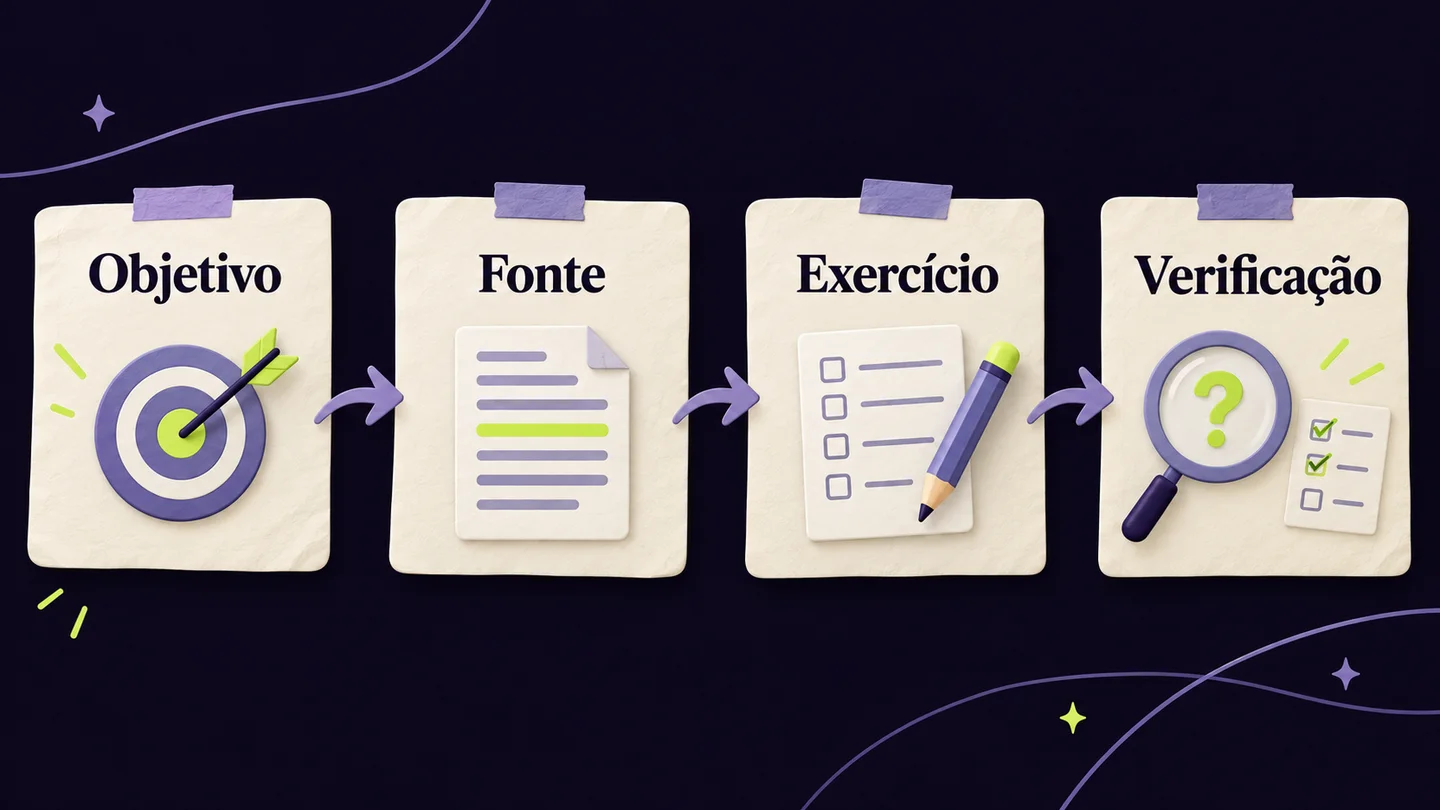 Objetivo, fonte, exercício e verificação ligados numa sequência de preparação do guia. Ilustração gerada com IA.
