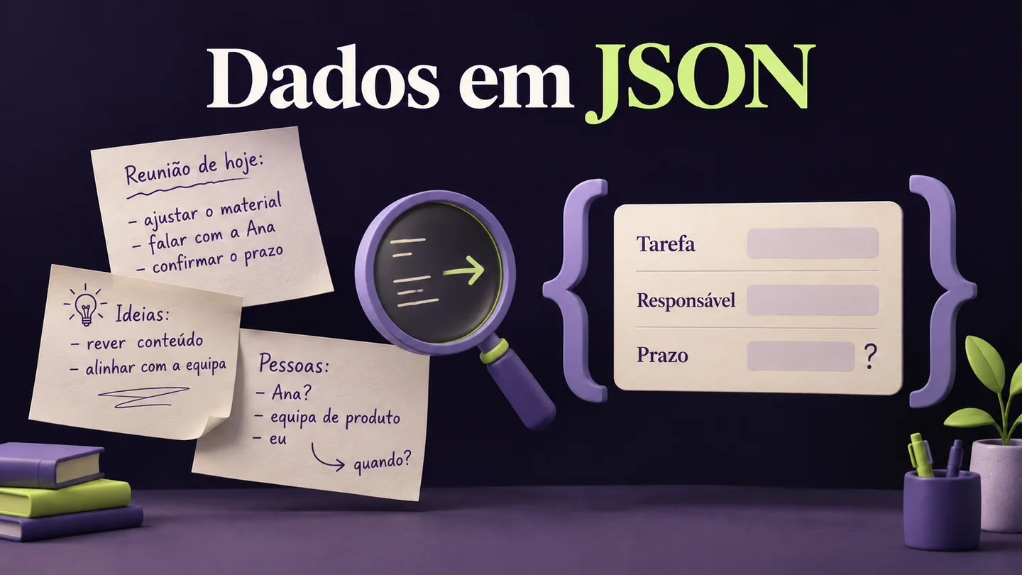 Notas de reunião organizadas em campos de tarefa, responsável e prazo. Ilustração gerada com IA.