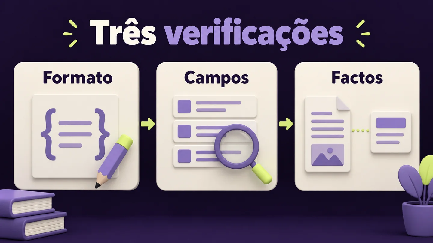 Três verificações dos dados: formato, campos e factos. Ilustração gerada com IA.