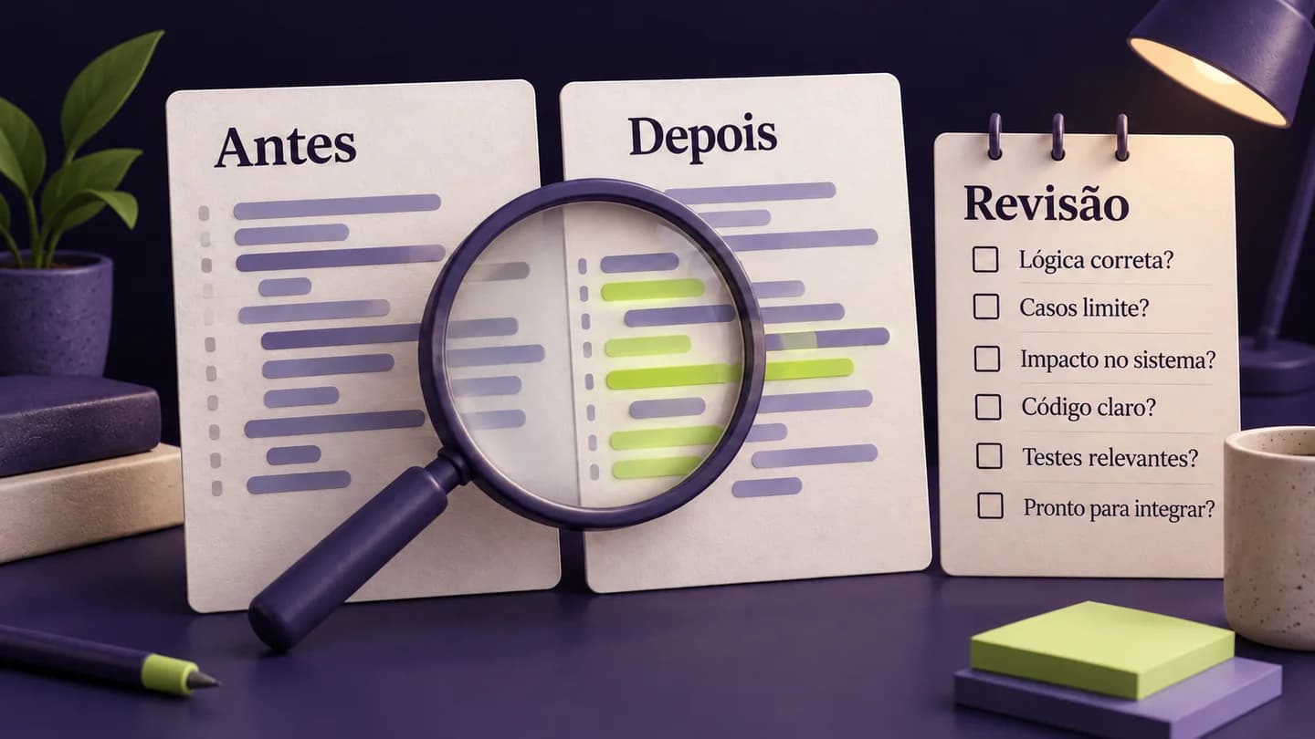 Comparação entre versões de código com lupa e lista de revisão. Ilustração gerada com IA.