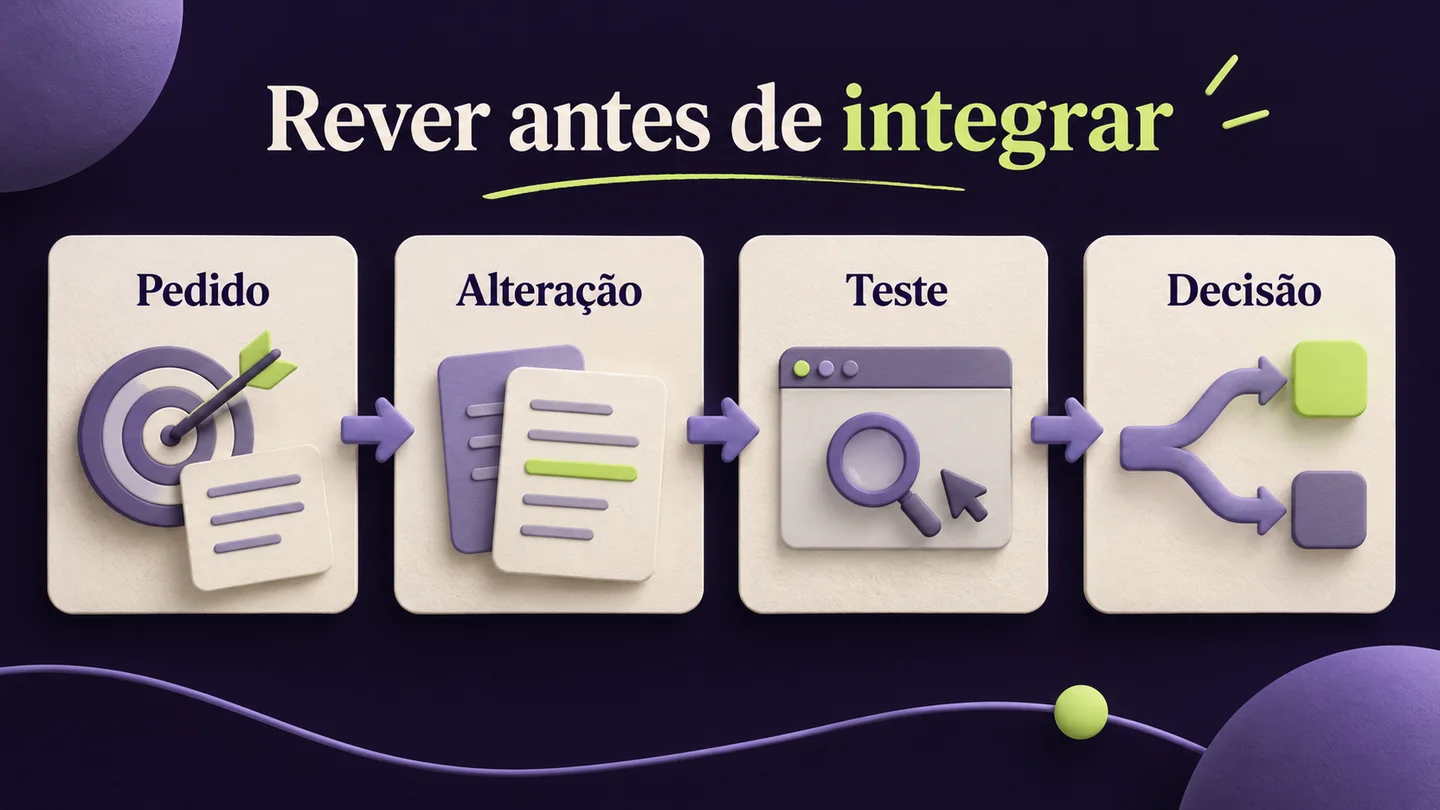 Sequência de revisão: pedido, alteração, teste e decisão. Ilustração gerada com IA.