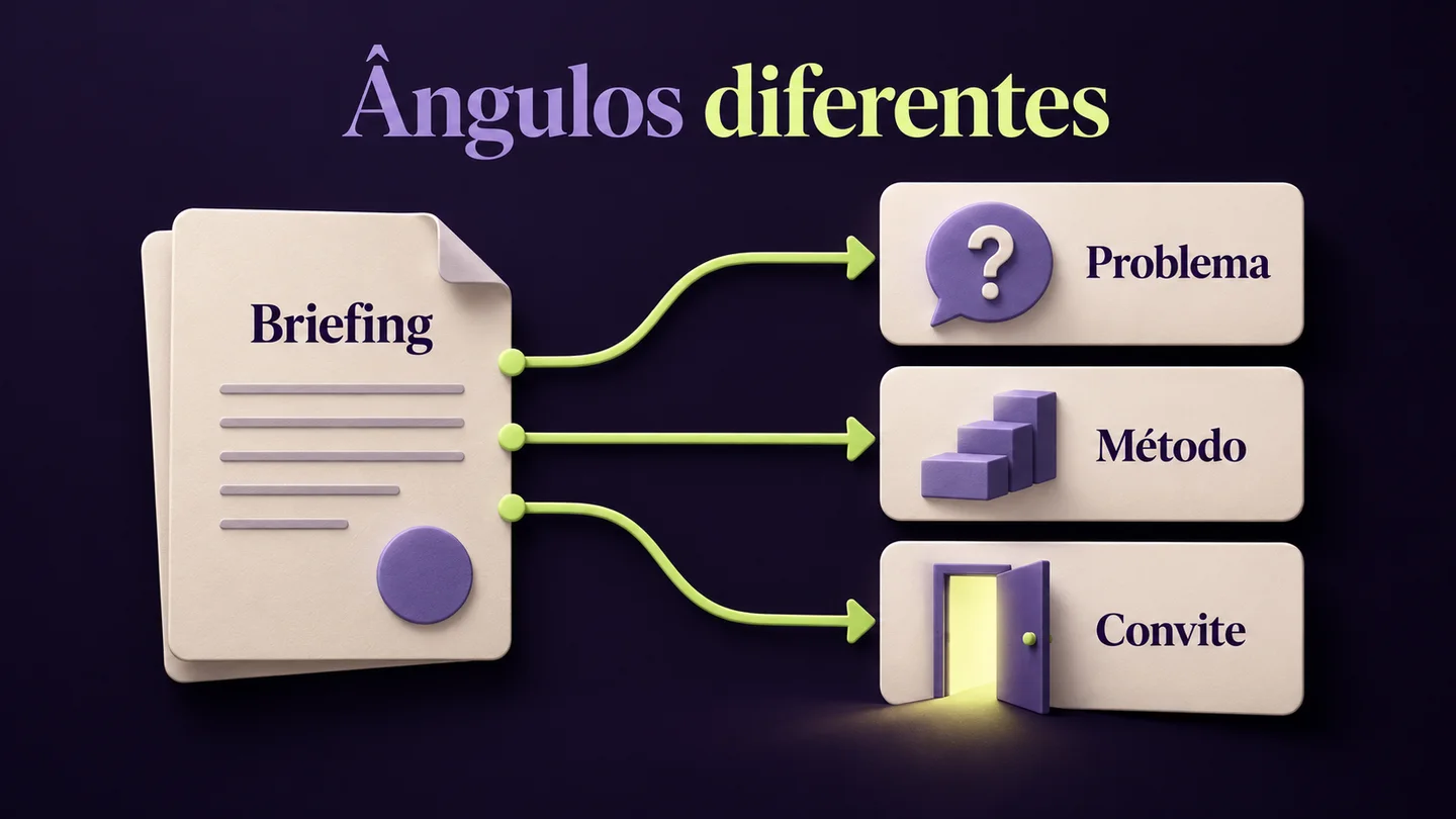Um briefing origina anúncios centrados no problema, no método e no convite. Ilustração gerada com IA.